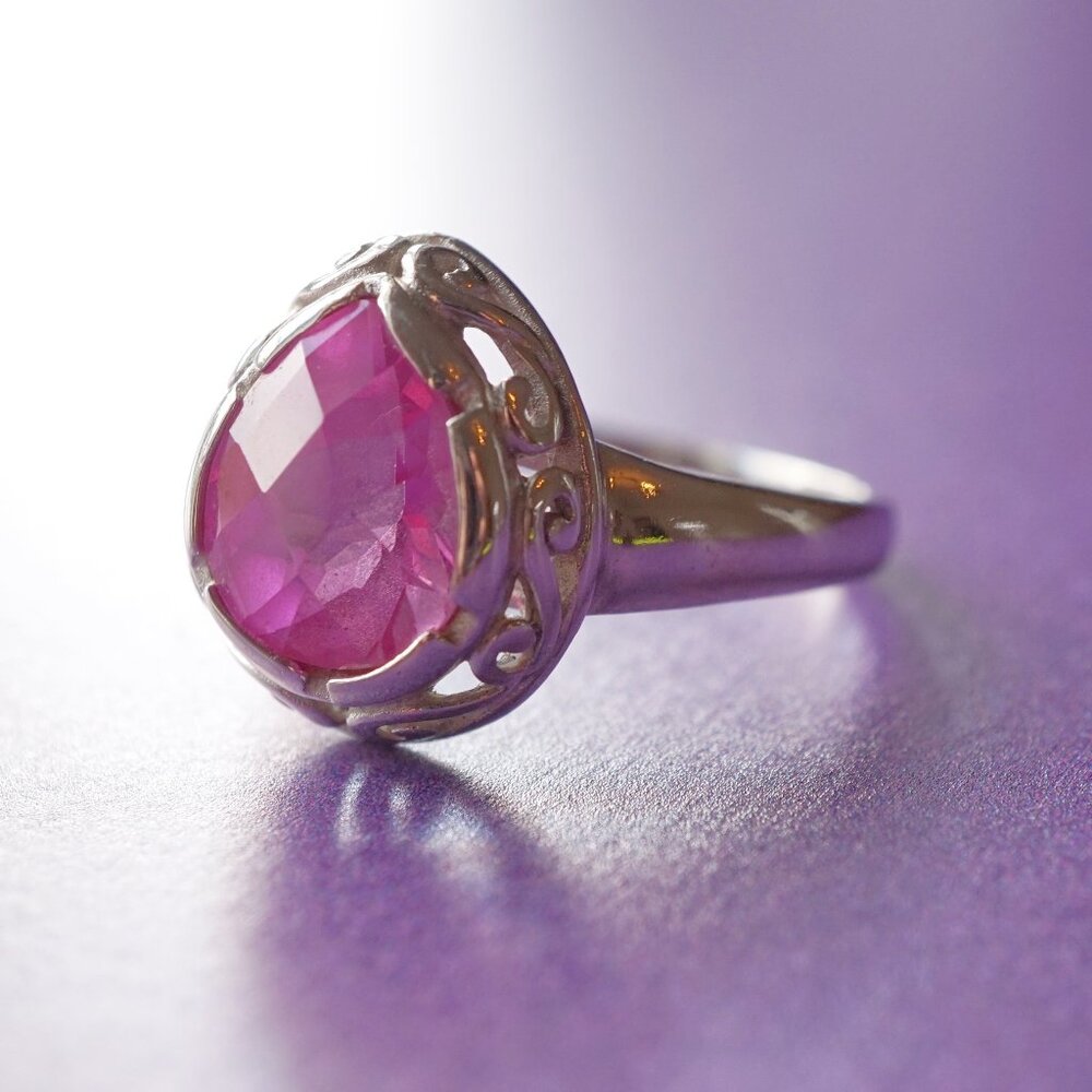 Hot Pink Teardrop CZ Ring, Silver Tone, Size 10, Statement Cocktail Ring
